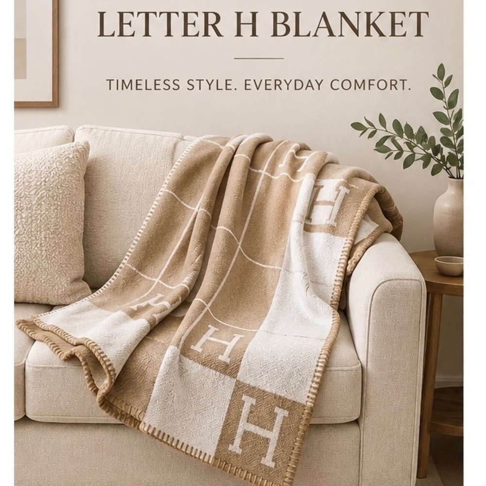 Letter H Throw Blanket 52x69 Tan Beige Reversible Cozy Home Decor NWOT